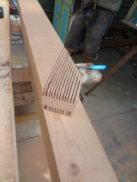Slices made with circular saw in order to clear away material to create the tenon